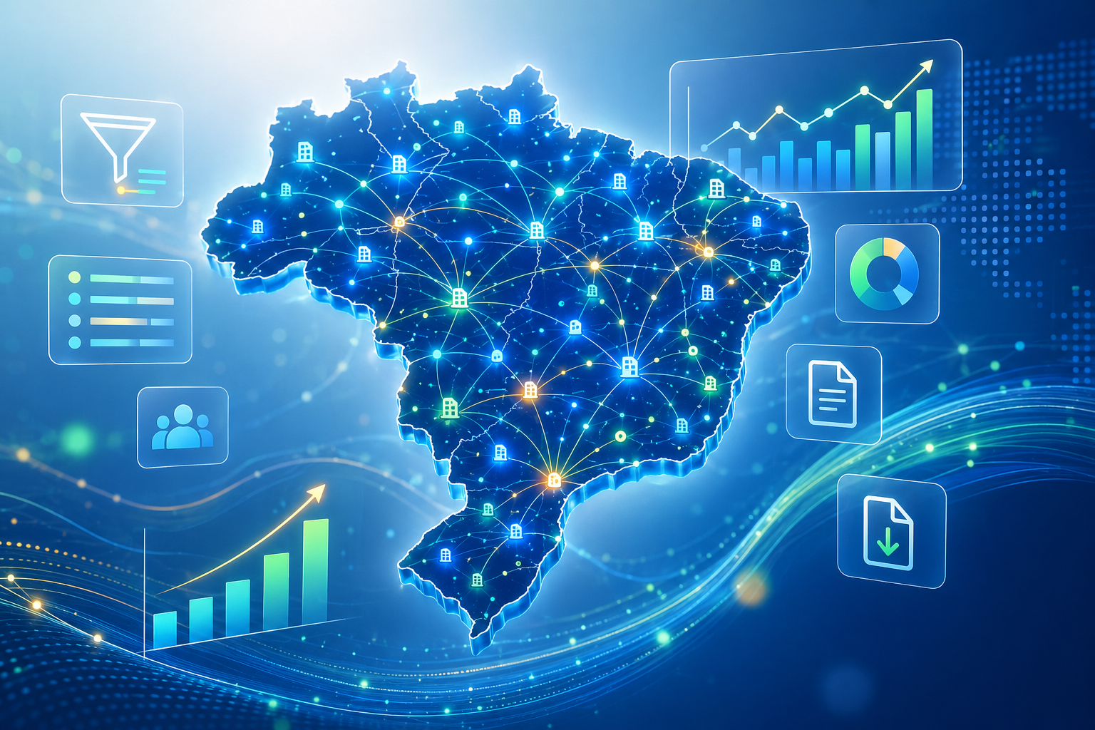 Mapa do Brasil com empresas conectadas, filtros, indicadores de crescimento e exportação de dados